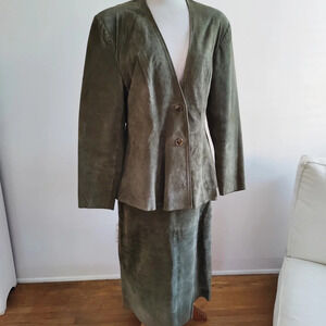 Vintage Deerskin Suede Skirt Set / Olive Green / Size 18
